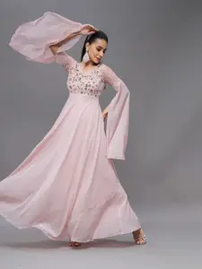 Miss Chase Women Embellished Slit Sleeve Maxi Fit and Flare Dress