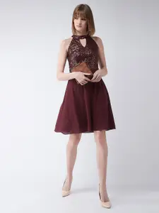 Miss Chase Embellished Georgette Mandarin Collar Fit & Flare Dress