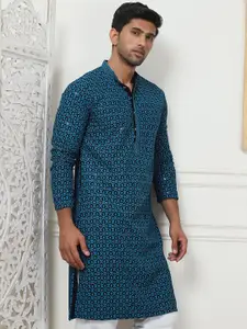 Anouk Blue Geometric Embroidered Mandarin Collar Sequinned Straight Kurta