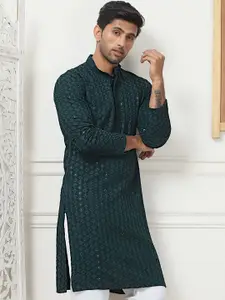 Anouk Olive Green Ethnic Motifs Embroidered Mandarin Collar Sequinned Straight Kurta
