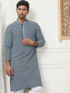 Anouk Grey Geometric Embroidered Mandarin Collar Straight Kurta
