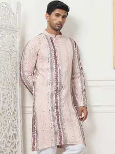 Anouk Pink Geometric Embroidered Mandarin Collar Mirror Work Silk Cotton Straight Kurta