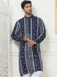 Anouk Navy Blue Geometric Embroidered Mandarin Collar Mirror Work Silk Cotton Kurta