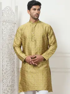 Anouk Mustard Yellow Ethnic Motifs Woven Design Band Collar Silk Cotton Straight Kurta