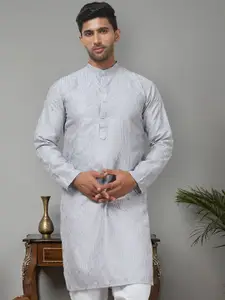 Anouk Grey Abstract Embroidered Band Collar Silk Cotton Straight Kurta