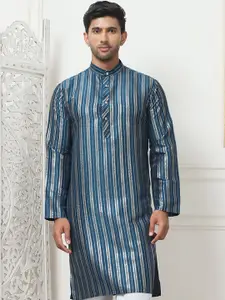 Anouk Teal Blue Striped Band Collar Straight Kurta