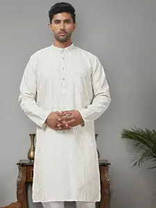 Anouk Beige Abstract Embroidered Band Collar Silk Cotton Straight Kurta