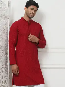 Anouk Maroon Geometric Embroidered Mandarin Collar Sequinned Straight Kurta