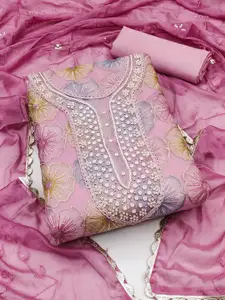 MANVAA Floral Embroidered Beads and Stones Organza Unstitched Dress Material