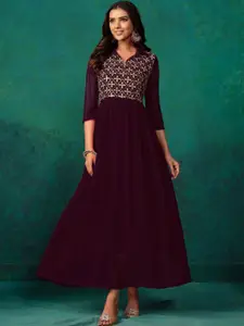 Sangria Womens Embroidered Shirt Collar Anarkali Ethnic Maxi Dresses