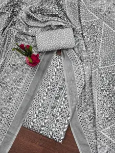 MANVAA Geometric Printed Thread Work & Mirror Work Unstitched Dress Material