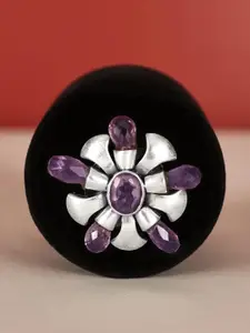 Exotic India Amethyst Gemstone Stylish Floral Design Sterling Silver Ring