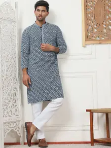 Anouk Geometric Embroidered Mandarin Collar Thread Work Straight Kurta With Pyjamas