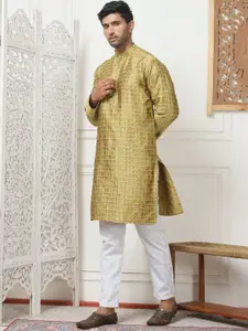 Anouk Mustard yellow Floral Woven Design Jacquard Weave Silk Cotton Kurta With Pyjamas