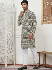 Anouk Beige Floral Embroidered Sequinned Mandarin Collar Regular Kurta with Pyjamas