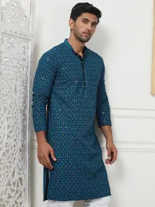 Anouk Geometric Embroidered Mandarin Collar Sequinned Straight Kurta With Pyjamas