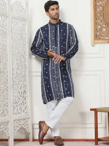 Anouk Embroidered Mandarin Collar Mirror Work Cotton Silk Straight Kurta With Pyjamas