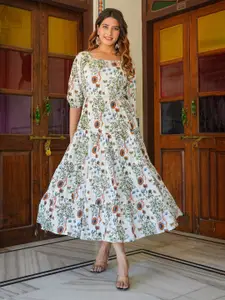 KALINI Floral Printed Puff Sleeves Tiered Fit and Flare Midi Dress