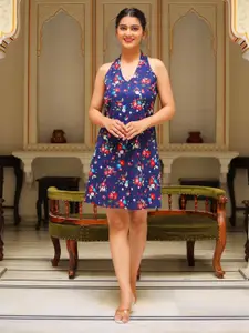 KALINI Floral Print Halter Neck A-Line Dress