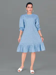 FASHION DREAM Polka Dot Printed Puff Sleeve A-Line Dress