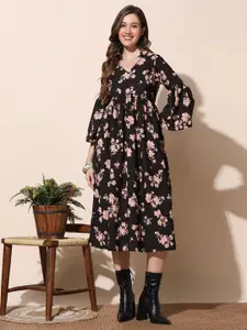 FASHION DREAM Floral Print Bell Sleeve Crepe Empire Midi Dress