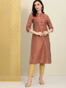 House of Pataudi Striped Mandarin Collar Straight Kurta