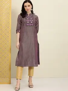 House of Pataudi Striped Mandarin Collar Straight Kurta