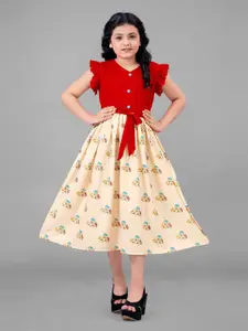 FASHION DREAM Girls Floral Printed Flutter Sleeve Fit & Flare Midi Dress