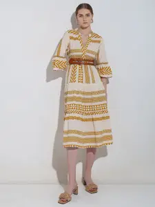 Vero Moda Printed Mandarin Collar Bell Sleeve Cotton A-Line Midi Dress