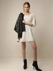 Vero Moda Women Self Design V-Neck Pure Cotton Mini A-Line Dress