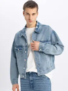 DeFacto Men Abstract Printed Cotton Crop Denim Jacket