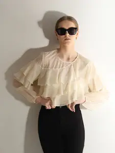 Vero Moda Flutter Sleeve Ruffles Monochrome Top