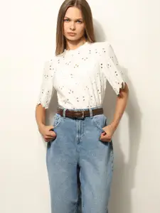 Vero Moda Floral Print Monochrome Cotton Schiffli Top