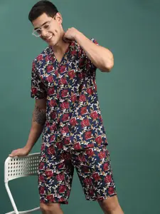 SHOWOFF Printed Relaxed Fit Cuban Collar Shirt With Shorts