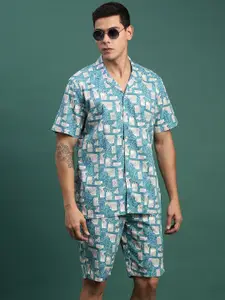 SHOWOFF Printed Relaxed Fit Cuban Collar Shirt With Shorts