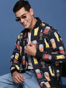 SHOWOFF Men Windcheater Mandarin Collar Printed Black Bomber with Patchwork Jacket