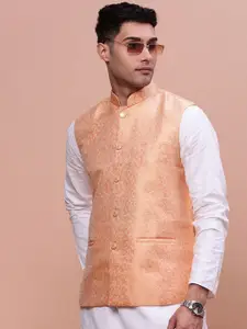 SHOWOFF   Men's Woven Design Orange  Slim-Fit Nehru Jacket