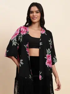 UnaOne Floral Printed Pure Cotton Front Open Shrug With Fringes