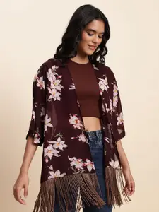 UnaOne Floral Printed Pure Cotton Front Open Shrug With Fringes