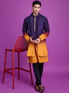 SHUBHVASTRA Ombre Printed Mandarin Collar Mirror Work Straight Kurta With Dupatta