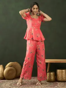 Sangria Floral Printed Square Neck Top With Trouser