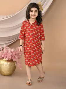 Sangria Girls Elephant Printed 3/4 Sleeves Cotton Dress