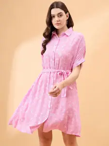 all about you Women Printed Shirt Collar Cap Sleeves Above Knee Shirt Dress