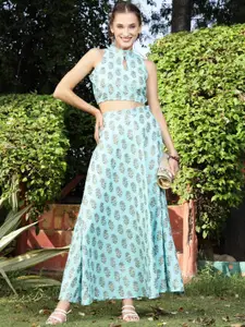 Sera Blue Floral Printed Keyhole Neck Cotton Top with Skirt