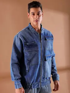 The Indian Garage Co Men Washed Outdoor Denim Jacket with Embroidered