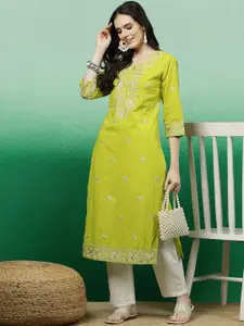 Sangria Lime Green Floral Embroidered Pure Cotton Straight Kurta