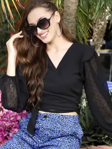 Sera Women Flared Sleeve Chiffon Wrap Crop Top