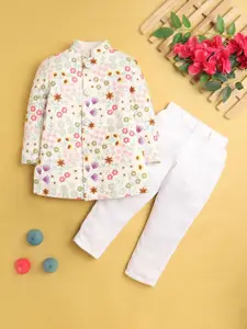 BAESD Boys Floral Embroidered Mandarin Collar Regular Straight Kurta With Pyjamas