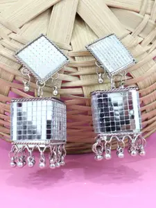 VAGHBHATT Silver-Plated Square Shaped Beaded Mirror Work Jhumkas