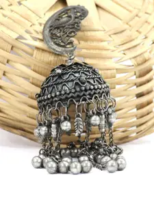 VAGHBHATT Silver Plated Peacock Shaped Oxidised Jhumkas